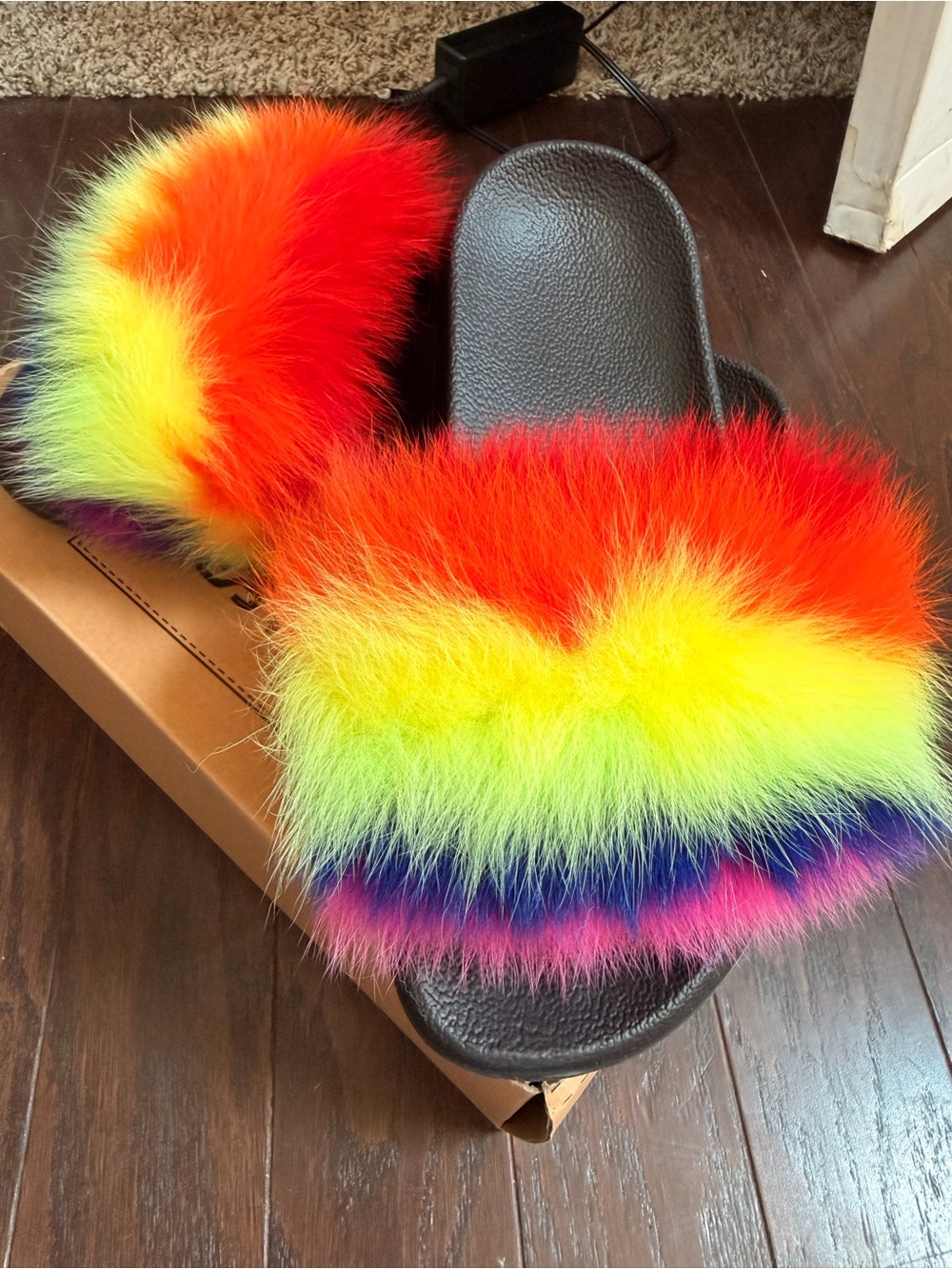 Rainbow Faux Fur Slide Sandals - Women's Colorful Plush Slides